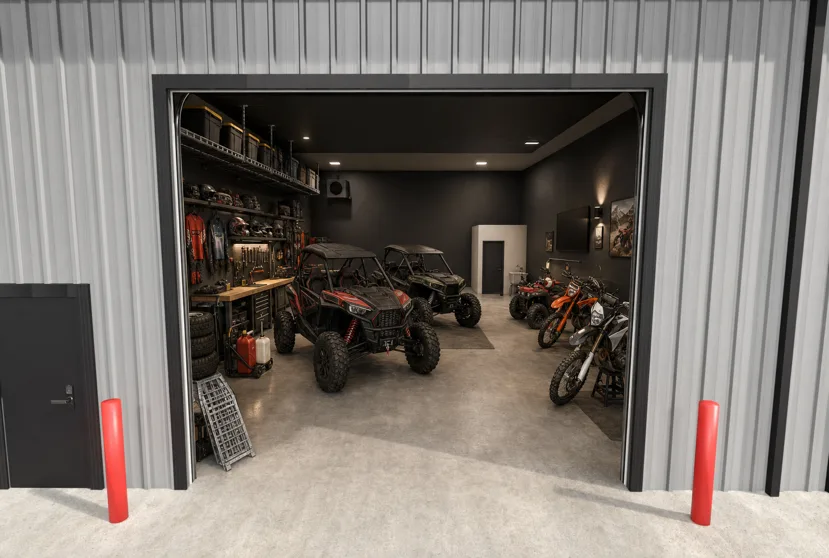 Rendering of side-by-sides, dirt bikes, and motorcycles parked inside a climate-controlled garage condo.