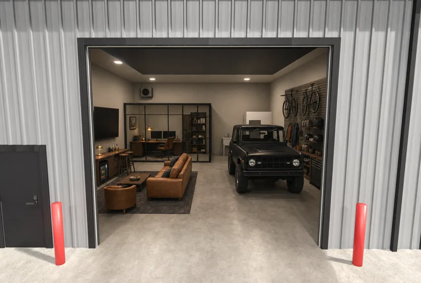 Rendering of a garage condo set up as a lounge with leather seating, a big TV, and a glass-walled office nook.