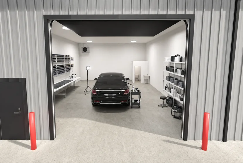 Rendering of a garage condo set up as a clean detailing and window tint shop.