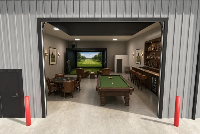 Rendering of a garage condo set up as a clubhouse with a golf simulator, pool table, poker table, and a full bar.